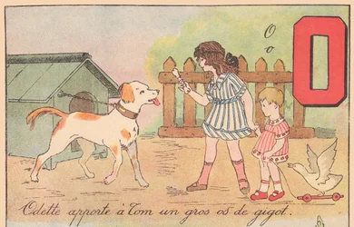 Odette le trae a Tom un hueso grande de la pierna, hacia 1920 (huella)