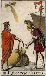 Odisea de Homero: Eolo, rey de la isla de los Cíclopes, dona a Ulises la bolsa que contiene los vientos permitiéndole usarlos a su favor. De “Mitología de la Juventud” por Pierre Blanchard 1803.