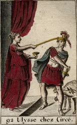 Odisea de Homero: el héroe Ulises en Circe la maga. Detrás de él, sus compañeros que ella convirtió en cerdos. De “Mitología de la juventud” por Pierre Blanchard 1803