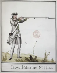 Oficial de la Marine Royale con un mosquete bayoneta, 1768