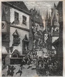El 20 de mayo de 1636 ocho falsificadores fueron arrestados en la rue Champfleuri por dos comisionados de policía acompañados por una docena de sargentos - en Paris a travers les siecles por Nicolas Jules Henri Gourdon de Genouillac (1826-1898)