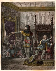 Guerra de los Cien Años: el delfín Carlos (después Carlos V) (1338-1380), primer delfín de Francia, y Étienne Marcel (1302/1310-1358), que asesinó a dos ministros, los mariscales Robert de Clermont y Jean de Conflans, en la habitación del delfín de Francia