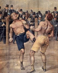 Una de las primeras reuniones de savate, boxeo francés, luchado en París en 1899, grabado en color, Francia