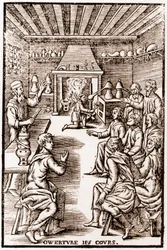 Apertura del curso de química transmutatoria - grabado de 1653 en “LE VRAY ET METHOD COURSES DE PHYSICS RESOLUTIVE” de Annibal Barlet