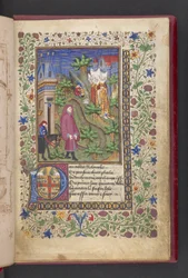 Página de apertura. Un caballero en un paisaje, seguido de otro montado a caballo, con tres damas.  Le livre des quatre dames; por Alain Chartier. Le livre des quatre damas; por Alain Chartier.  Chartier, Alain, sin especificar, secretario de Carlos V