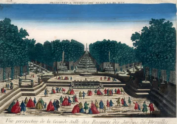 Vista óptica: Vista en perspectiva del gran salón de los bosques de los jardines de Versalles. Grabado del siglo XVIII.