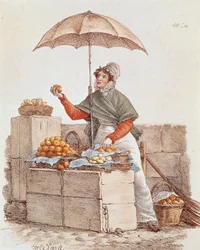 Vendedora de naranjas, grabado, Francia
