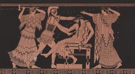Orestes matando a Egisto (litografía en color)