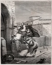 Otto II, emperador del Sacro Imperio Romano ante París - Otón II del Sacro Imperio, conocido como el Rojo (955-983) irritado por no poder penetrar en París (sede de París, 978), avanza bajo los muros de la ciudad para plantar su lanza en la puerta - grabad