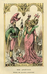 Nuestros Ancetres, caricatura según una acuarela de 1330. En "Histoire de France Tintamarresque" de Touchatout, París
