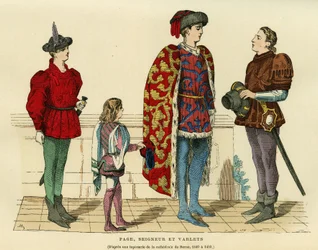 Trajes de paje, señor y lacayo en el siglo XV. Grabado en colores después de un tapiz de la catedral de Berna 1440-1450, en “Francia y los franceses a través de los siglos” de Augustin Challamel, editor F. Roy, París 1882. Colección Selva