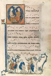 Página de un manuscrito para un cantante parisino, con ilustraciones de la Santísima Trinidad y el juego La Gallina Ciega, c.1280-1315