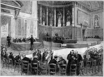 Palais du Luxembourg en París: elección del 30 de enero para la elección de senadores del departamento del Sena. De pie, con la silla en una mano, se reconoce a Victor Hugo (1802-1885), político. Grabado en "El Universo Ilustre"