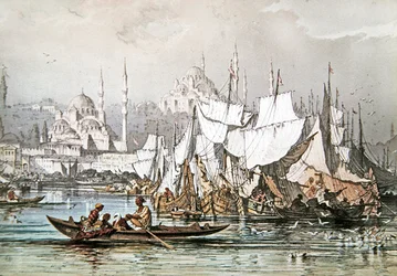 Panorama de barcos en el puerto de Constantinopla con la Mezquita Azul y Santa Sofía
