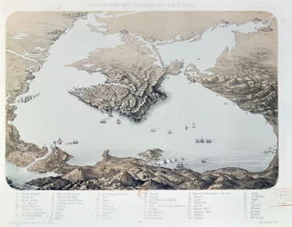 Vista panorámica y plano de Sebastopol y de la costa del mar Negro durante la guerra de Crimea, 1855