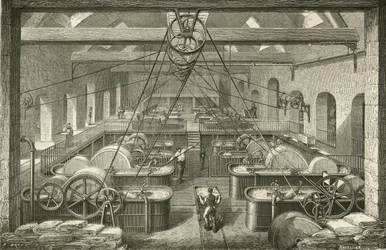 Fabricación de papel: blanqueo de pasta de trapo. Grabado c1870.