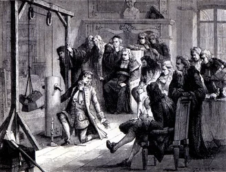 Papin (1647 - 1714) experimenta con su máquina de pólvora ante los profesores de la Universidad de Marburgo - en “Álbum de la Ciencia; científicos ilustres; Grandes descubrimientos” 1896