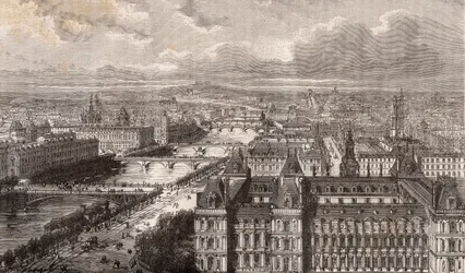 París - el Sena - los Puentes - vista tomada desde la torre Saint-Gervais - grabado en “La France illustrée: géographie, histoire, administration statistique” por V.-A. Malt-Brown. 1884