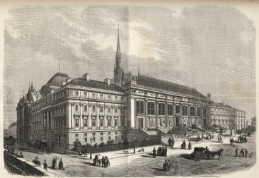 París - nueva fachada del palacio de justicia, construida por Joseph-Louis Duc (1802-1879) - (Fachada Oeste, en la Rue de Harlay) grabado de 1869