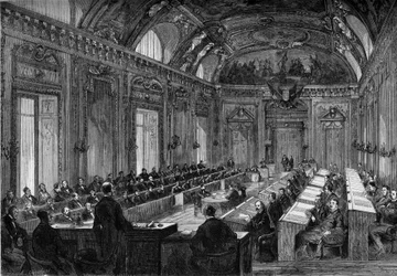 París, 4 de agosto de 1871: primera reunión del consejo municipal en la Sala del Trono del Palacio de Luxemburgo. Grabado en "Le Monde Illustré" n°748 del 12 de agosto de 1871