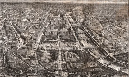 París vista desde el Arco de Triunfo de la Estrella - Rue de Rivoli y el Sena - grabado en 