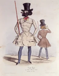 Dandis parisinos en el Bal Chicard, 1840 (litografía en color)