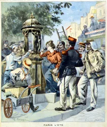 Parisienses bebiendo alrededor de una fuente Wallace - en “Le Petit Journal” del 19/08/1900