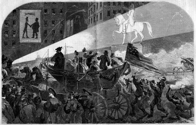 Fiesta en las calles de Nueva York (Nueva York) para celebrar la instalación del cable telegráfico transatlántico entre los Estados Unidos (Estados Unidos) e Inglaterra en 1858. Grabado en Le Monde Illustré n°79 del 16 de octubre de 1858