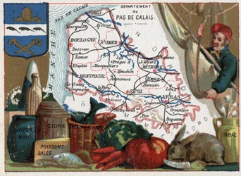 Paso de Calais (62), Norte-Paso de Calais, Francia. Especialidades locales: jabón negro, pescado sucio, sidra y tabaco. Serie sobre los departamentos franceses. Cromolitografía (cromo) «el hilo geográfico», hacia 1920. Colección privada.
