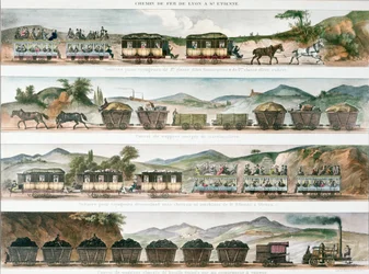 Pasajeros y carga en la primera línea francesa abierta entre Lyon y St. Etienne, 1829 (litografía en color)
