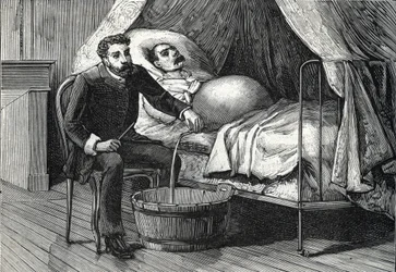 Paciente con cirrosis hepática avanzada, doctor realizando una punción (grabado) 1888
