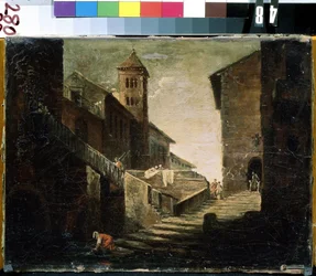 ""Paisaje en un pueblo francés"" El puente y el río en un barrio popular. Pintura de la escuela francesa. Museo de Arte Mikhail Kroshitsky de principios del siglo XVIII, Sebastopol (Sebastopol) Ucrania