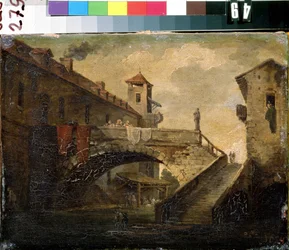 ""Paisaje en un pueblo francés"" El puente y el río en un barrio popular. Pintura de la escuela francesa. Museo de Arte Mikhail Kroshitsky de principios del siglo XVIII, Sebastopol (Sebastopol) Ucrania