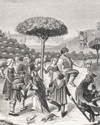 Bailes campesinos de las fiestas de mayo, después de una miniatura en un libro de oraciones del siglo XV, de 