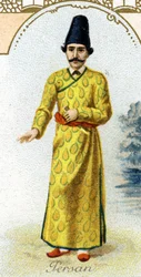 Hombre persa. Edición de la litografía parisina, finales del siglo XIX. Serie de 25 cromos publicitarios para la fábrica de galletas Pernot de Dijon, creada en 1869. Detalle de los personajes en traje tradicional