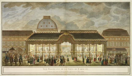 Vista en perspectiva de la Sala del Carrusel, construida para la ocasión del matrimonio de Monseigneur Le Dauphin, grabado por Oubrier