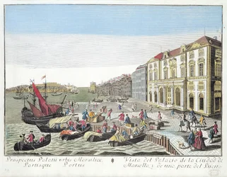 Vista en perspectiva del Ayuntamiento y parte del puerto de Marsella, c.1770