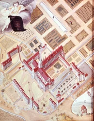 Vista en perspectiva de la abadía de Port Royal des Champs (Port-Royal-des-Champs) a vuelo de pájaro. Dibujo a la gouache del siglo XVIII. Museo de Versalles
