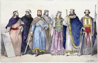 Faramundo, Clodión, Meroveo, Childerico, Clotilde, Clodoveo I y Childeberto I - en “La monarquía francesa en estampas”