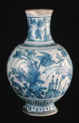 Botella de farmacia con un patrón azul y blanco, Taller de Savonne