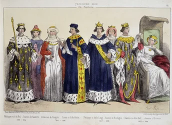 Felipe IV el Hermoso, Juana de Navarra, Clemencia de Hungría, Luis X El Obstinado, Felipe V El Largo, Juana de Boulogne, Carlos IV el Hermoso, Juana de Évreux - en “La monarquía francesa en estampas”