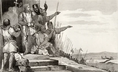 Felipe II Augusto (1165-1223) gana la Batalla de Bouvines después de la oración, de 