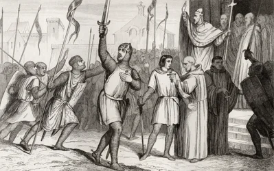 Felipe I (1052-1108) y el Papa Urbano II (c.1035-99) reúnen seguidores para la Primera Cruzada en 1095, de 