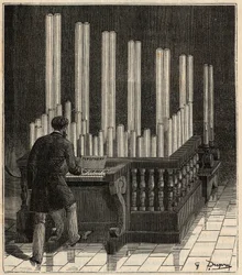Piano a Gas - (Órgano de gas) Pirofono (órgano de fuego/explosión) (calíope de fuego/explosión) Grabado en “Ciencias al alcance de todos: física y química populares” por Alexis Clerc - Finales del siglo XIX - Colección privada