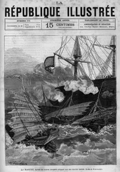 Piratería: el buque de guerra annamita "La Magune" atacado por piratas chinos. Un periódico. Grabado de 1880 en "La republique illustree". Colección privada.