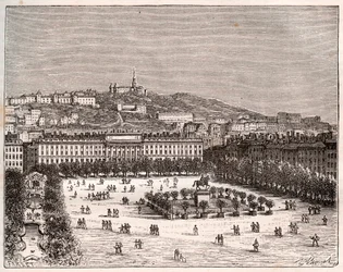 Place Bellecour o Place Louis-le-Grand - la plaza más grande de Lyon - grabado en “La France illustrée: géographie, histoire, administración statistique” por V.-A. Malt-Brown. 1884