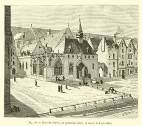 Plaza del Parvis, en el siglo XV, y entrada del Hôtel-Dieu