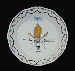 Plato con una jaula de pájaros abierta y la leyenda Vive la Liberté, 1791