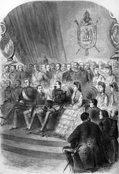 Plebiscito de 1870: presentación de la declaración oficial de los resultados a Napoleón III (1808-1883). También presentes están la emperatriz Eugenia de Montijo (1826-1920), su hijo el Príncipe Imperial (1856-1879), las princesas Mathilde Bonaparte (1820-