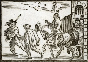 Panfletos políticos Mazarinade: Mazarin huye de París a caballo, en medio de la noche, precedido por dos sirvientes que llevan linternas. Madera grabada 1651